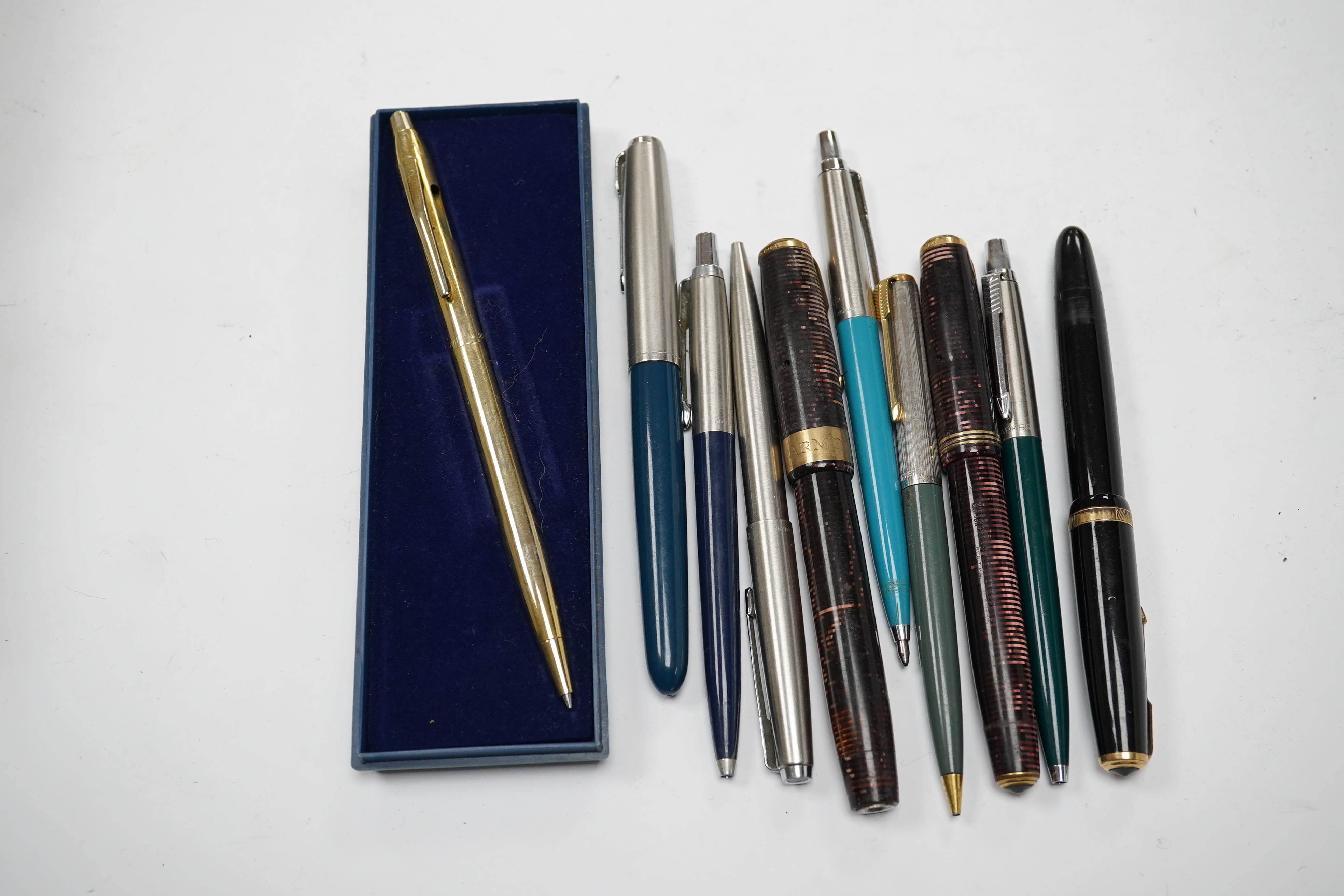 A group of ten various pens, mostly Parker, including one 9ct gold mounted. Condition - varies